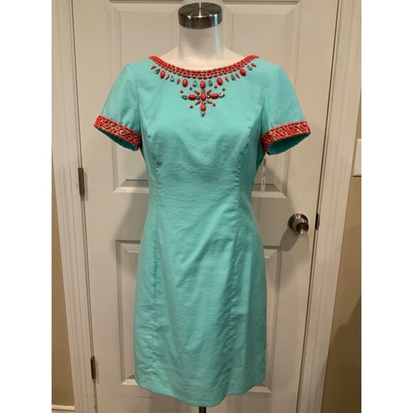 Lilly Pulitzer Nora Aqua Blue Coral Beaded Sheath Dress Size 4 - Picture 1 of 8
